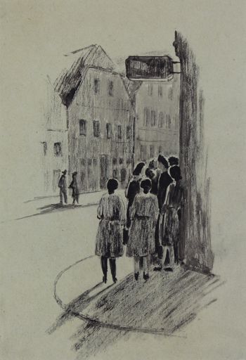 Mädchengruppe an der Straßenecke (1950er Jahre)